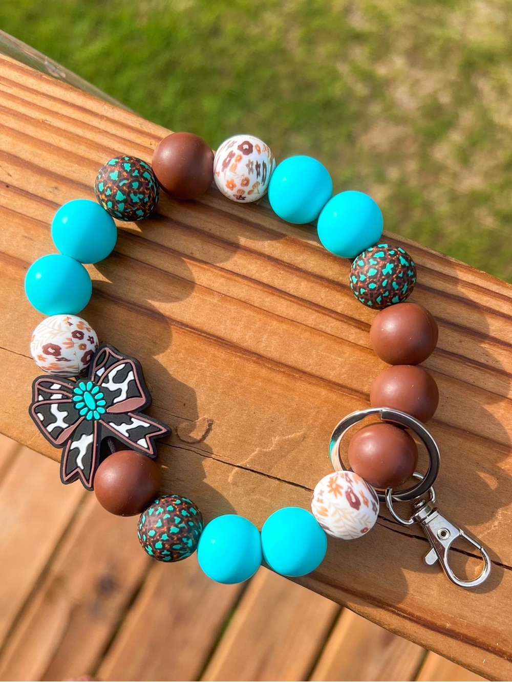 Turquoise & Brown Silicone Beaded Keychain Bracelet with Bow Charm